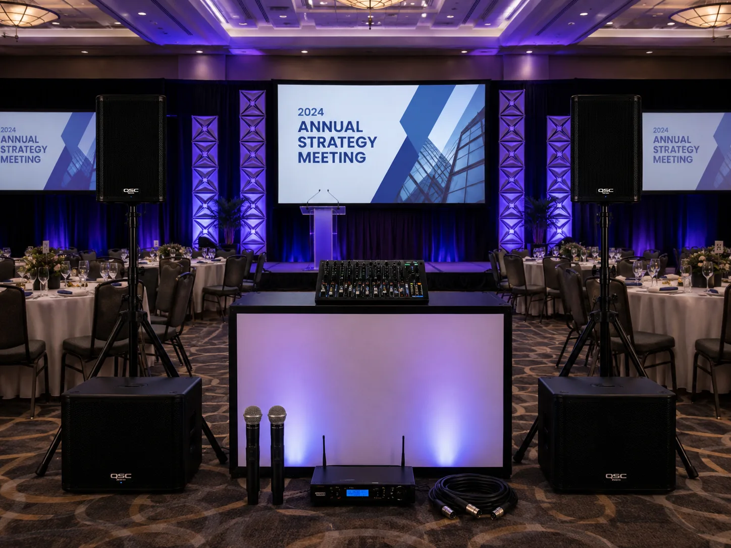 Presentation screens, speakers and wireless microphones set up in a conference ballroom